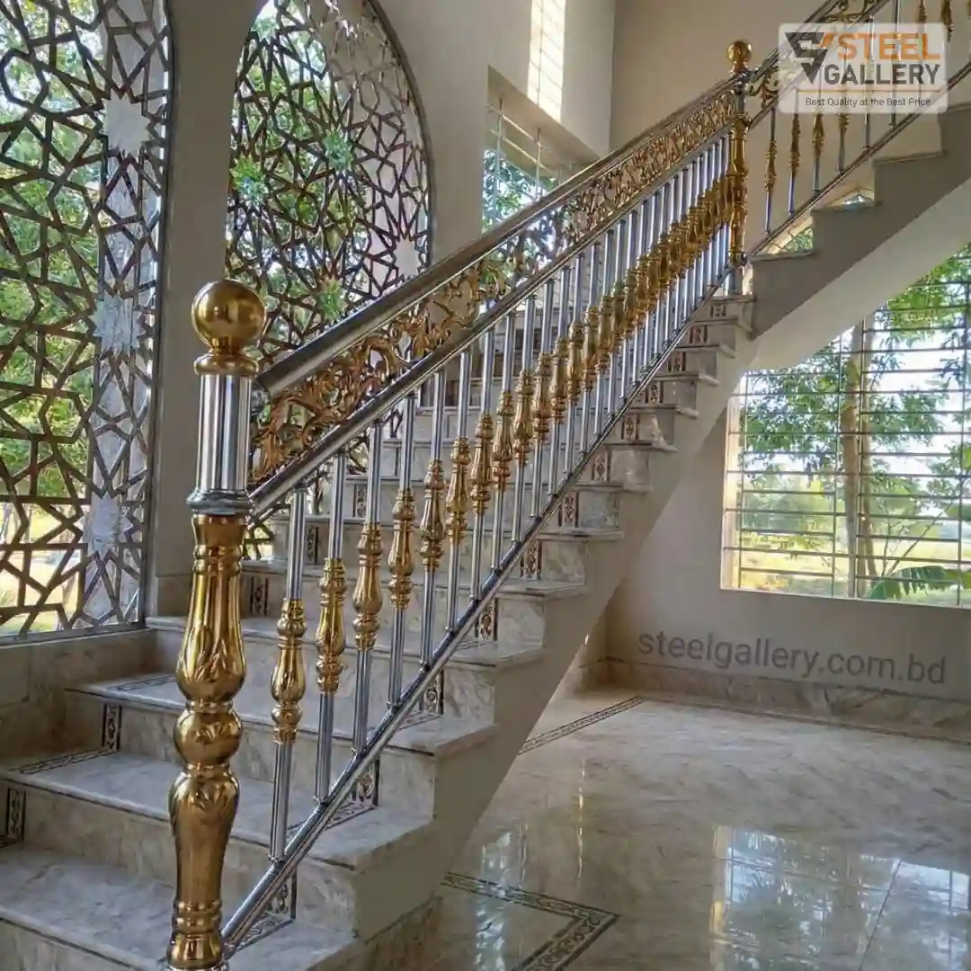 Golden SS Stair Railing Design ,কলস ডিজাইন , Golden color railing, রাজকীয় ডিজাইন , Stair Railing price in Bangladesh Archives, SS Railing , সিঁড়ির রেলিং , sirir railing, Premium Golden SS Stair Railing Design